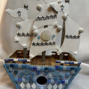Decorative White and Blue Sailboat Birdhouse